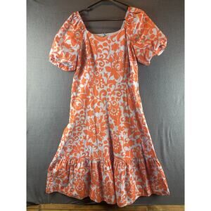 TALBOTS Puff Sleeve Poplin Midi Dress Joyful Jacobson Orange Light Blue Floral